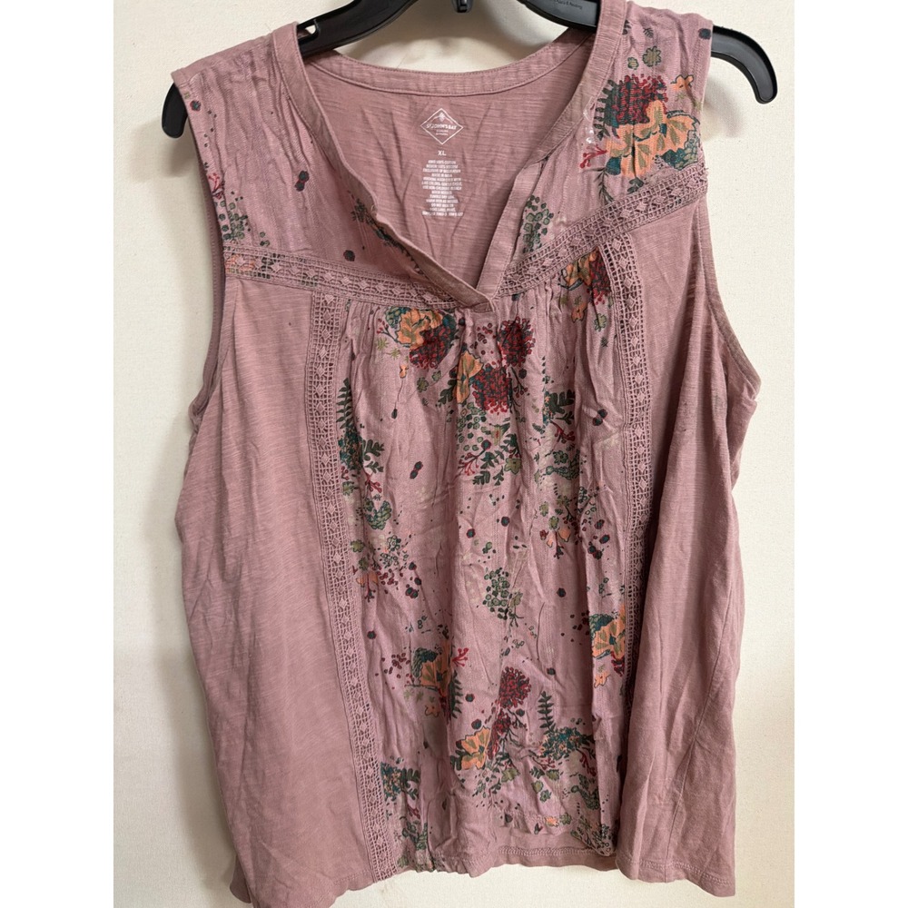 St Johns Bay Womens XL Mauve Floral Crochet Lace Trim Sleeveless Tank Top Boho